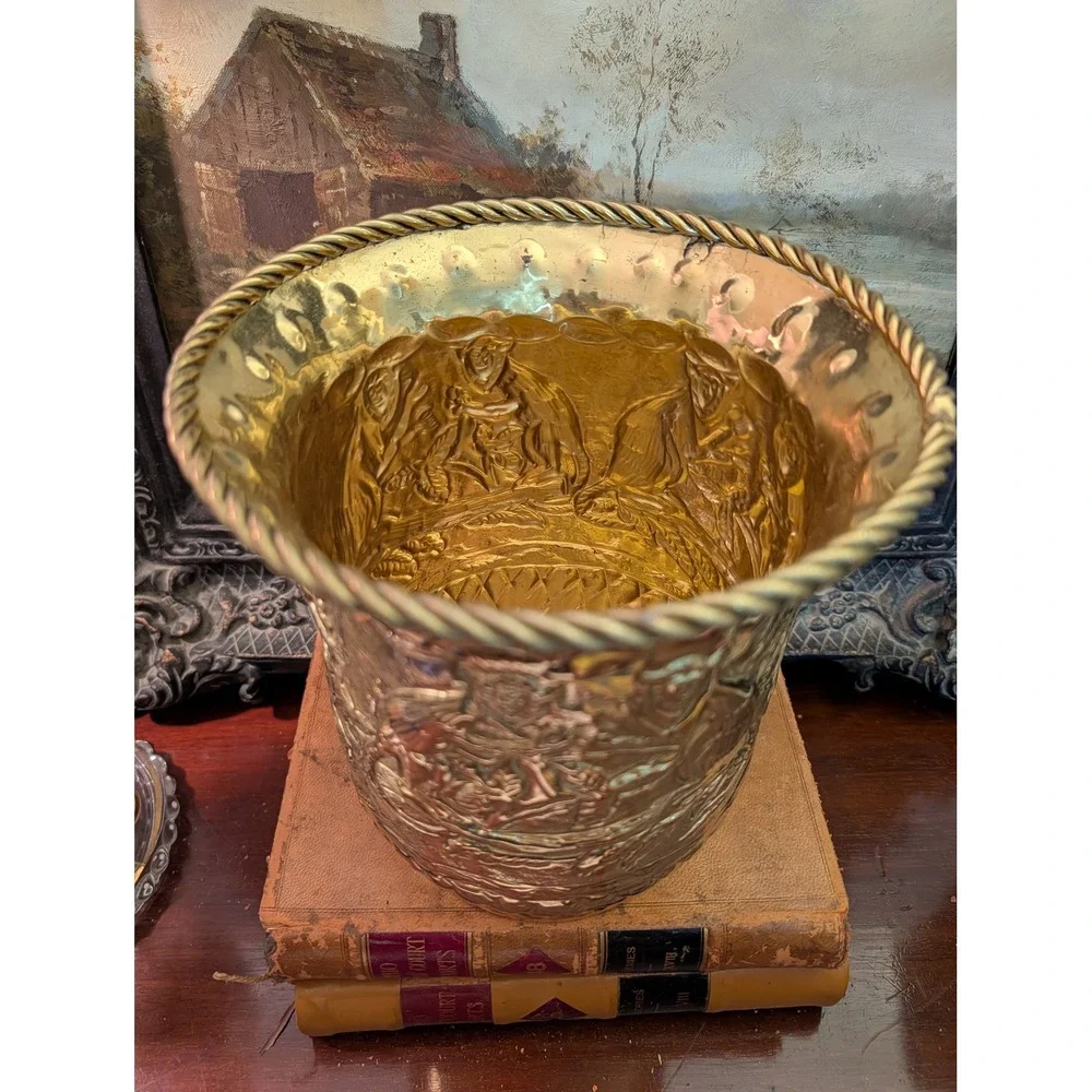 Vintage Embossed Brass Planter Tavern Scene Made in India 9x7.5 Twisted Rope Rim